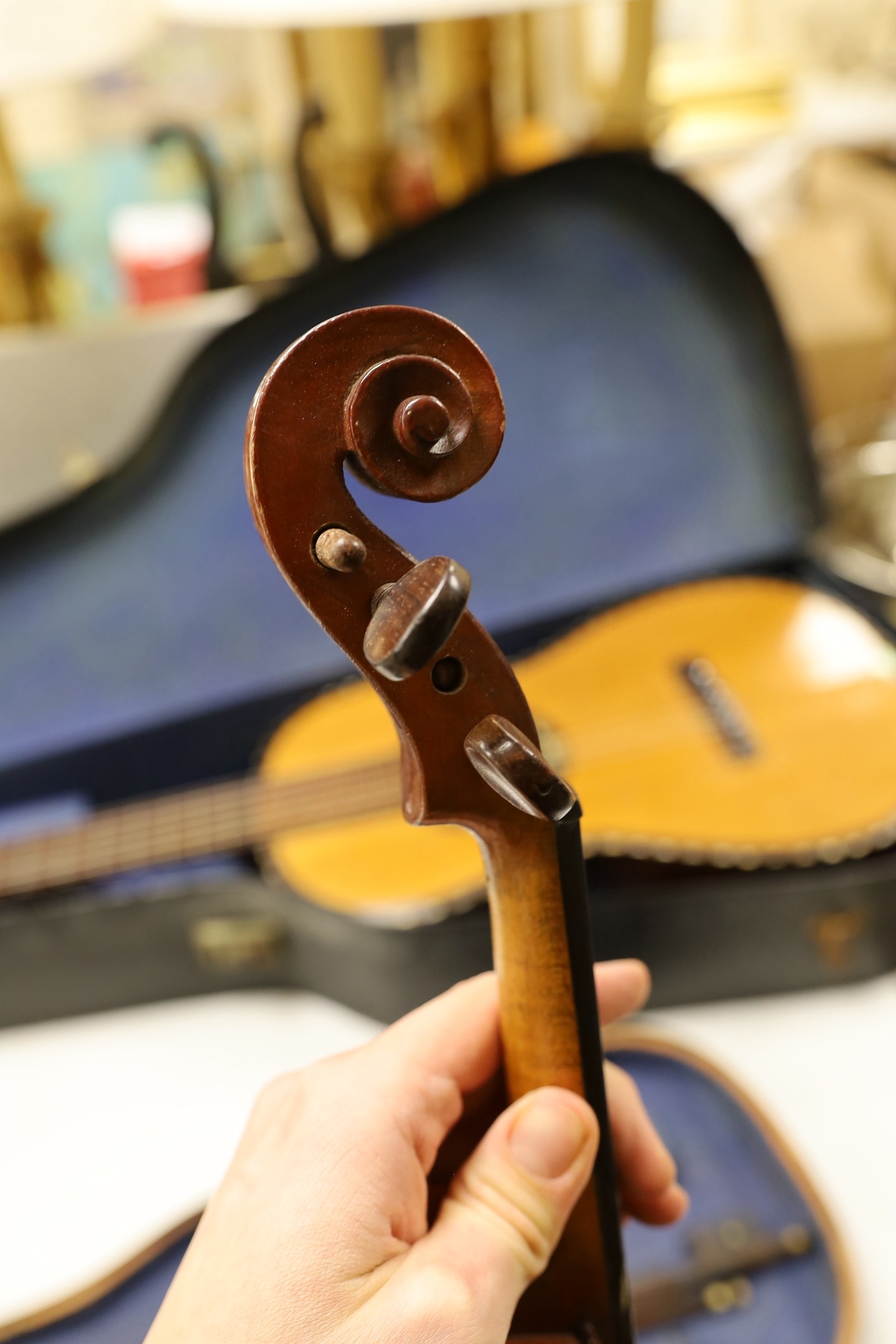 A 3/4 size violin, length of back 33cm, wooden case